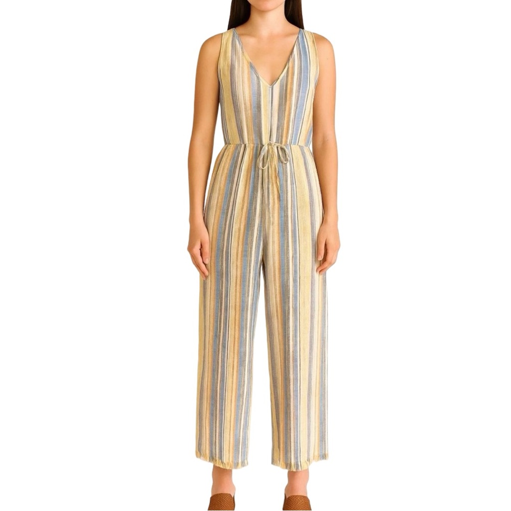 DREW | ANTHROPOLOGIE Linen Cotton Striped Wide Leg Frayed Hem Jumpsuit Medium - Picture 2 of 15